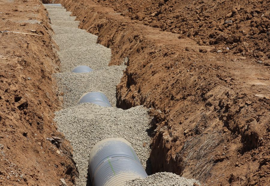Clean drainage stone and perforated pipe going in behind a retaining wall